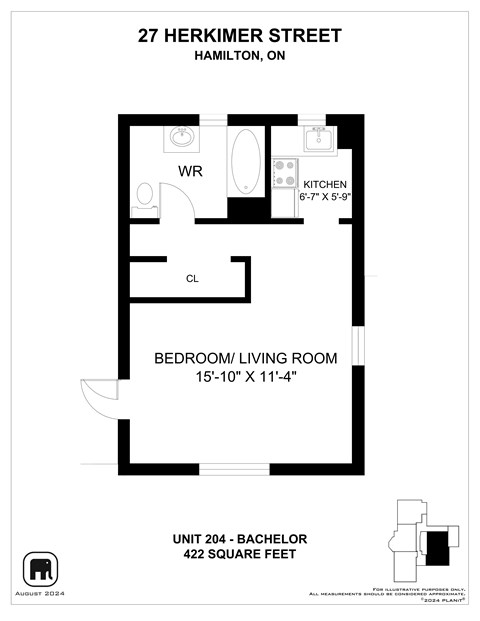 A floor plan for a 422 square foot unit at 27 Herkimer Street in Hamilton, Ontario.